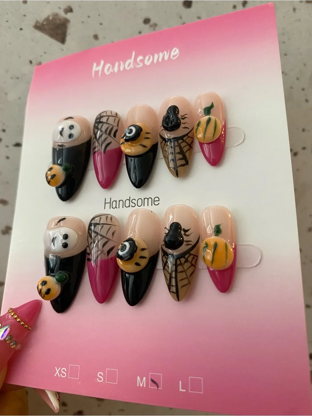 🎃👻 Pink & Black Halloween 3D Press-On Nails
